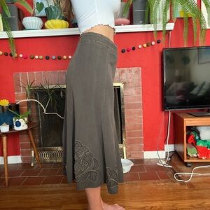 CAbi Brown A-Line Skirt with Embroidery